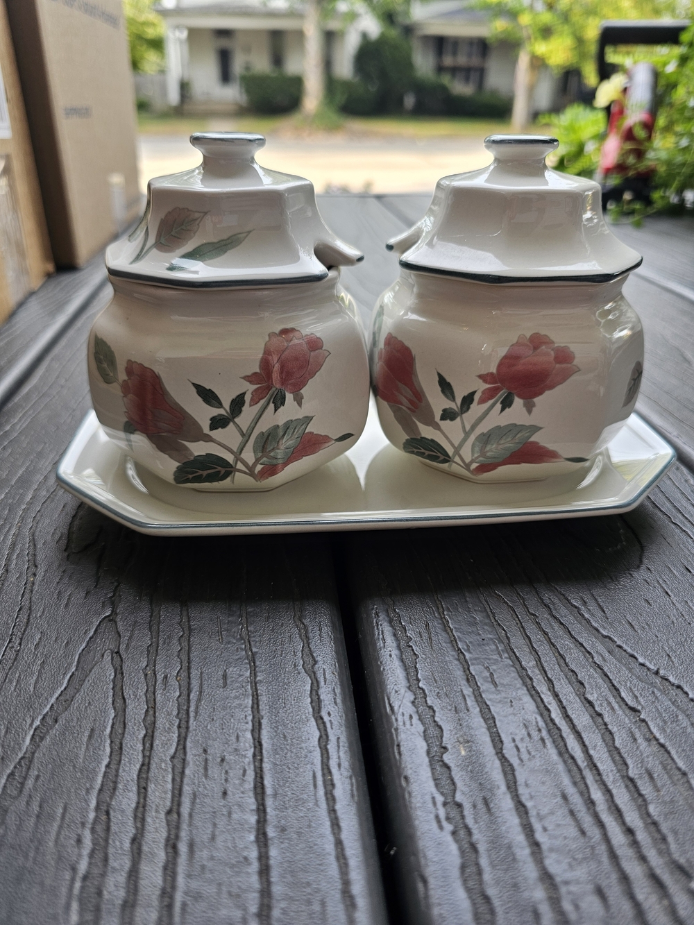 Vintage Mikasa Continental "Silk Flowers" Lidded Condiment Pots & Tray Set (3pc)